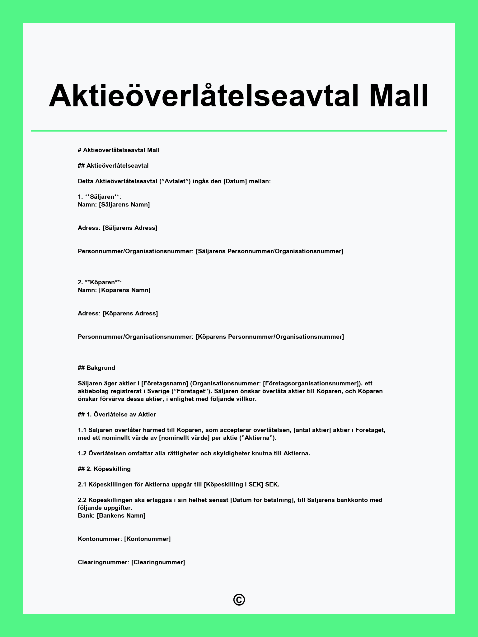 Aktieöverlåtelseavtal Mall