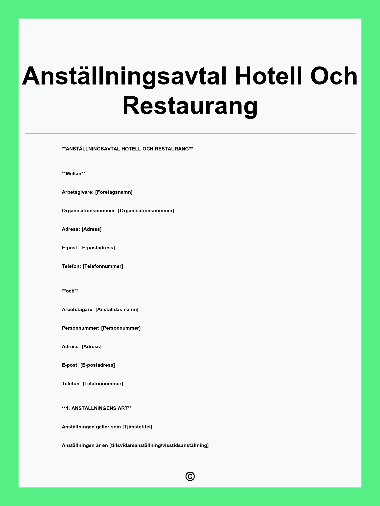 Anställningsavtal Hotell Och Restaurang