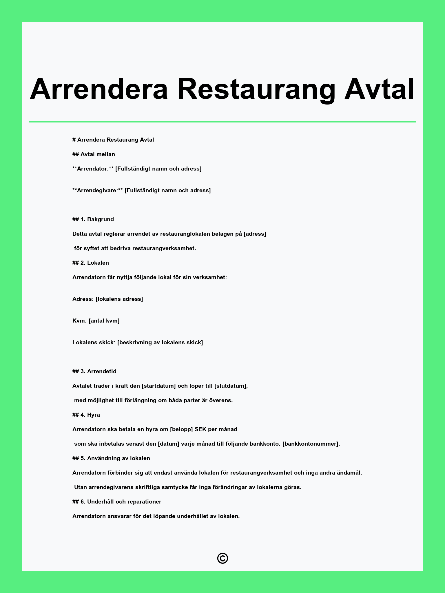 Arrendera Restaurang Avtal