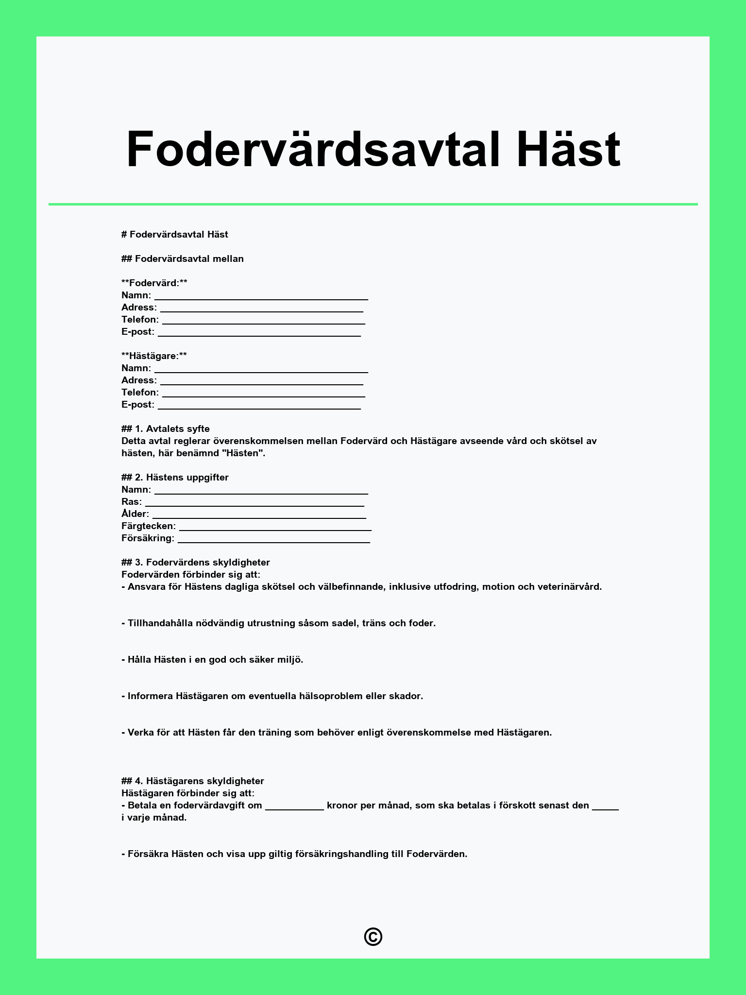 Fodervärdsavtal Häst