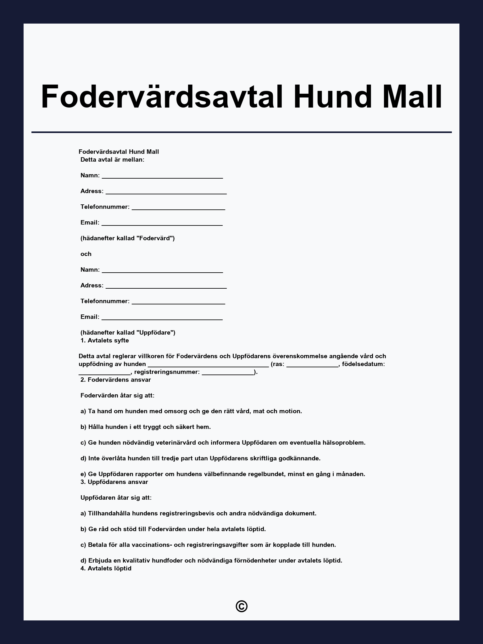 Fodervärdsavtal Hund Mall