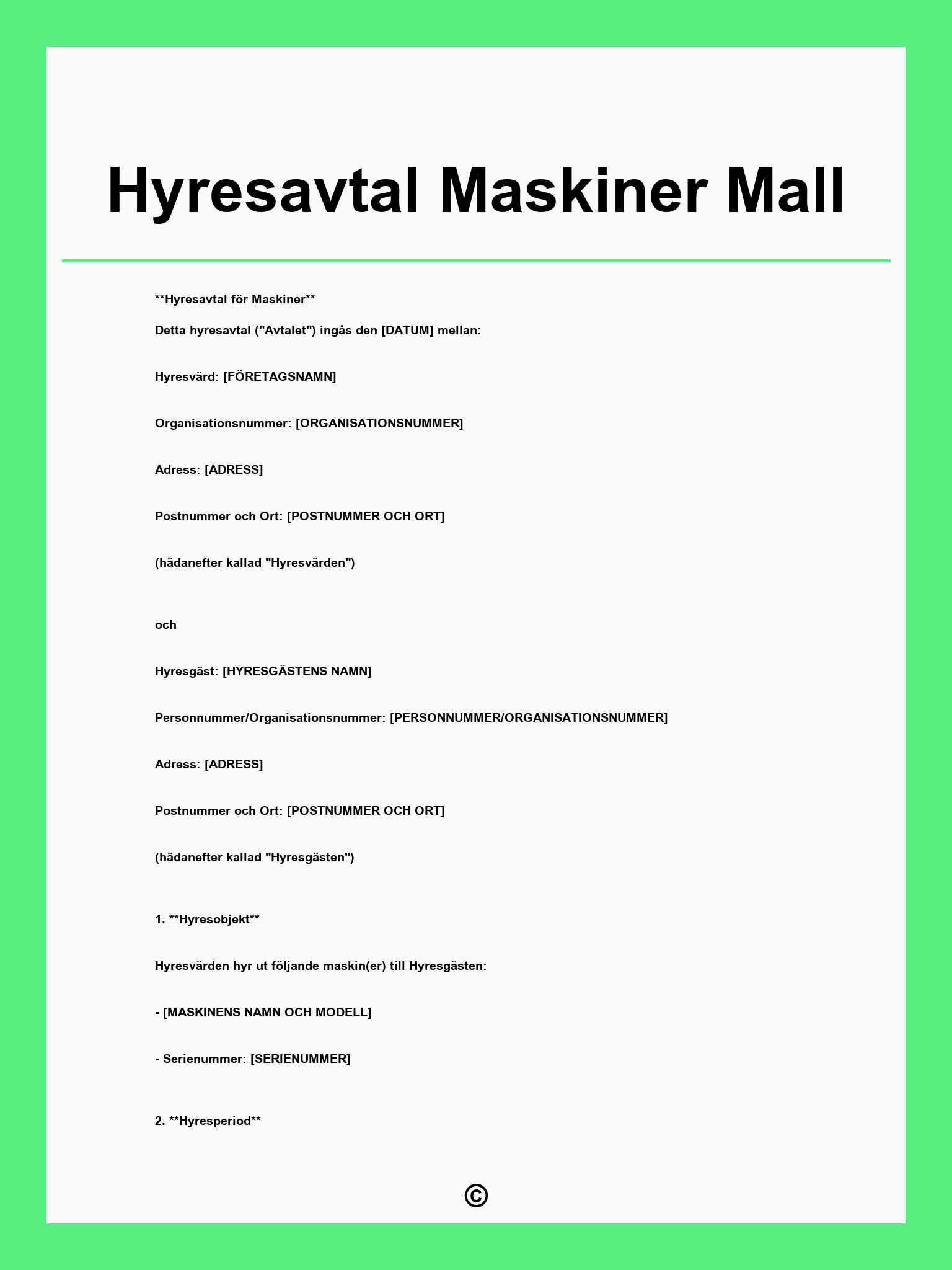 Hyresavtal Maskiner Mall