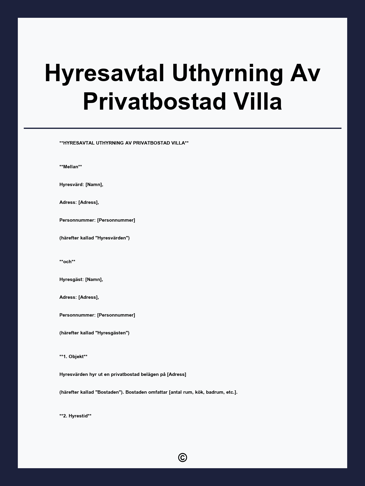 Hyresavtal Uthyrning Av Privatbostad Villa