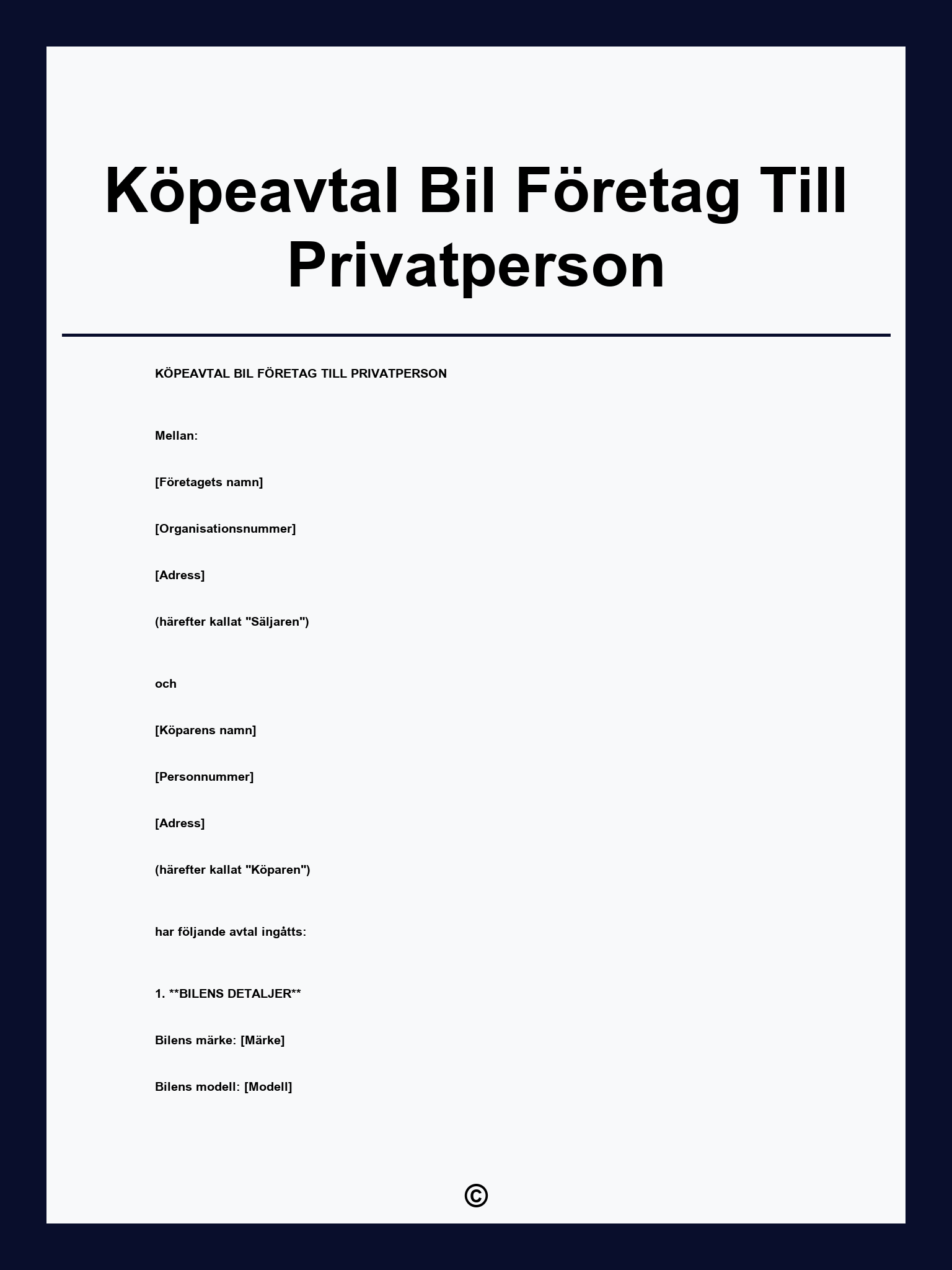 Köpeavtal Bil Företag Till Privatperson