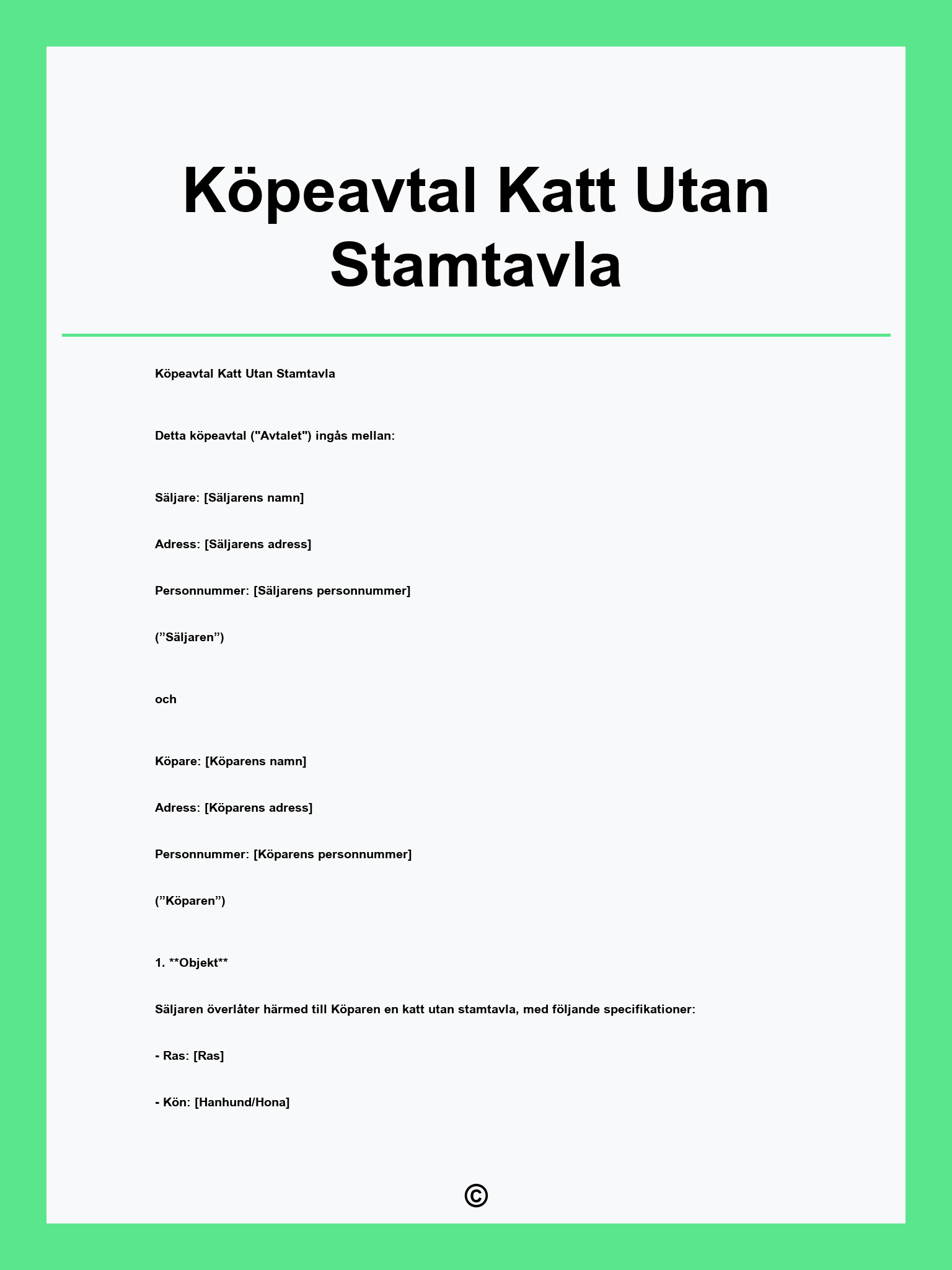 Köpeavtal Katt Utan Stamtavla