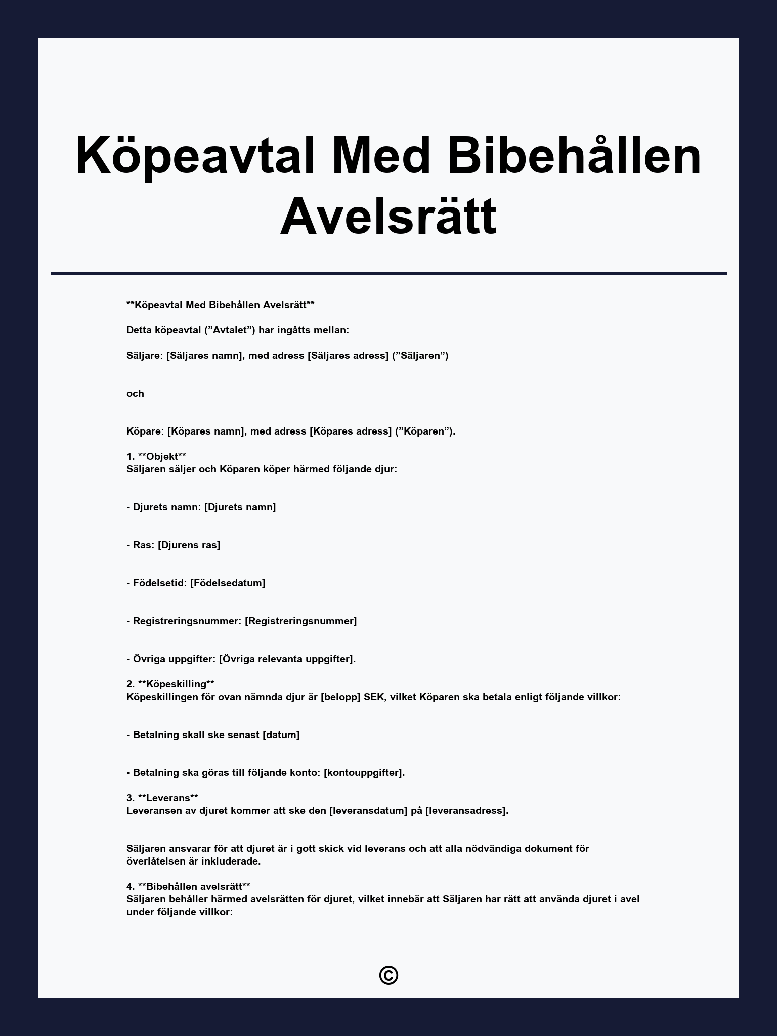 Köpeavtal Med Bibehållen Avelsrätt