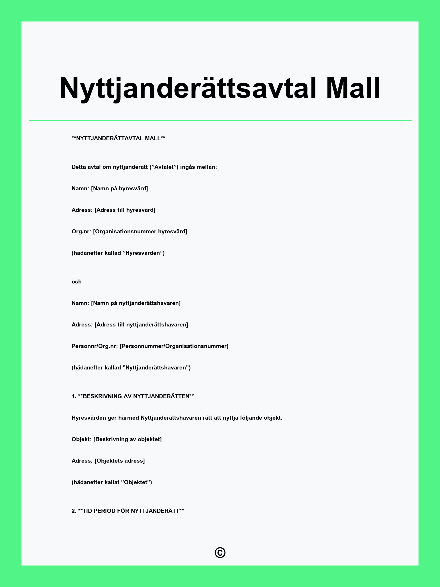 Nyttjanderättsavtal Mall