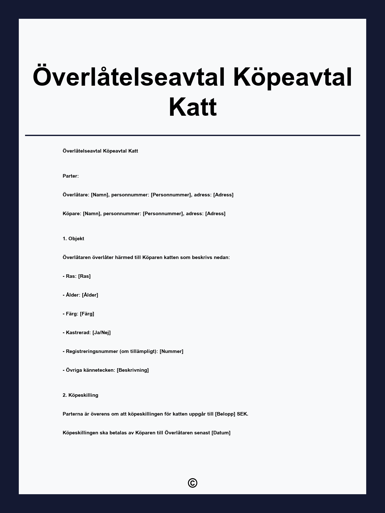 Överlåtelseavtal Köpeavtal Katt